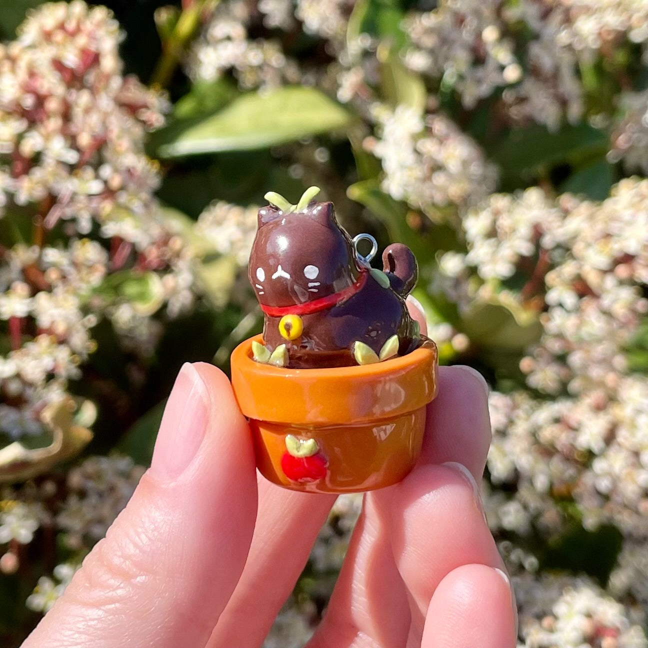 Black Cat in Potted Plant Charm